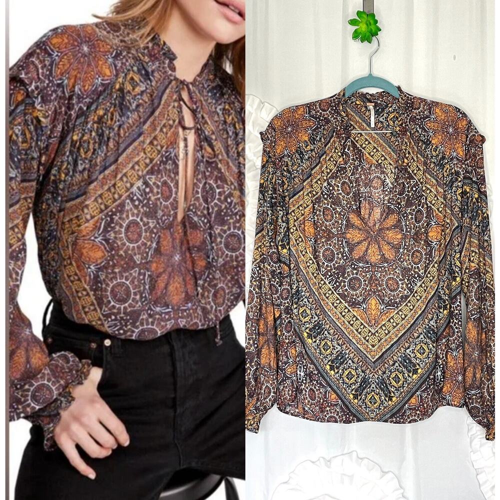 Free People Little Runaway Medallion Print Top Blouse Size Small Keyhole Neck